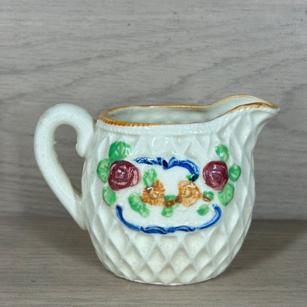 Vintage Japanese Creamer Pitcher With Floral Design & Textured Diamond Pattern